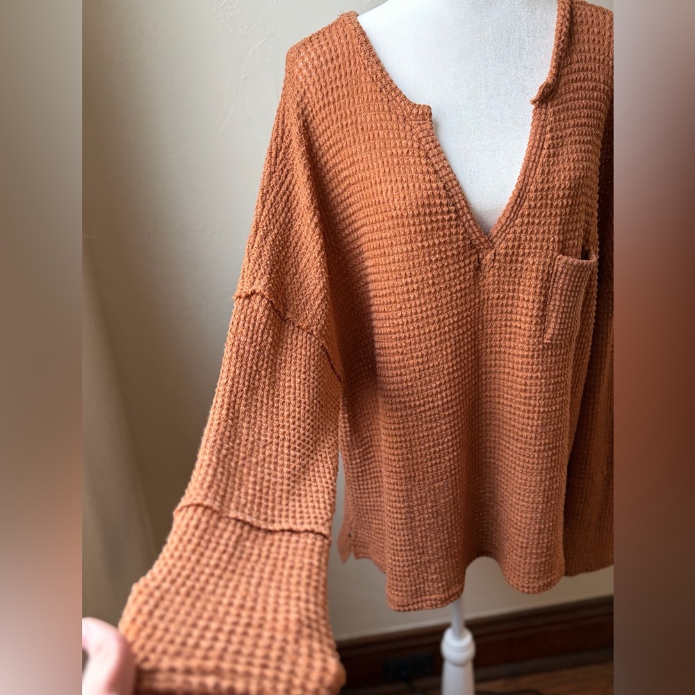 EFAN Rust Orange Waffle Knit Thermal Top Oversized Boho Long Sleeve Large - Picture 4 of 10